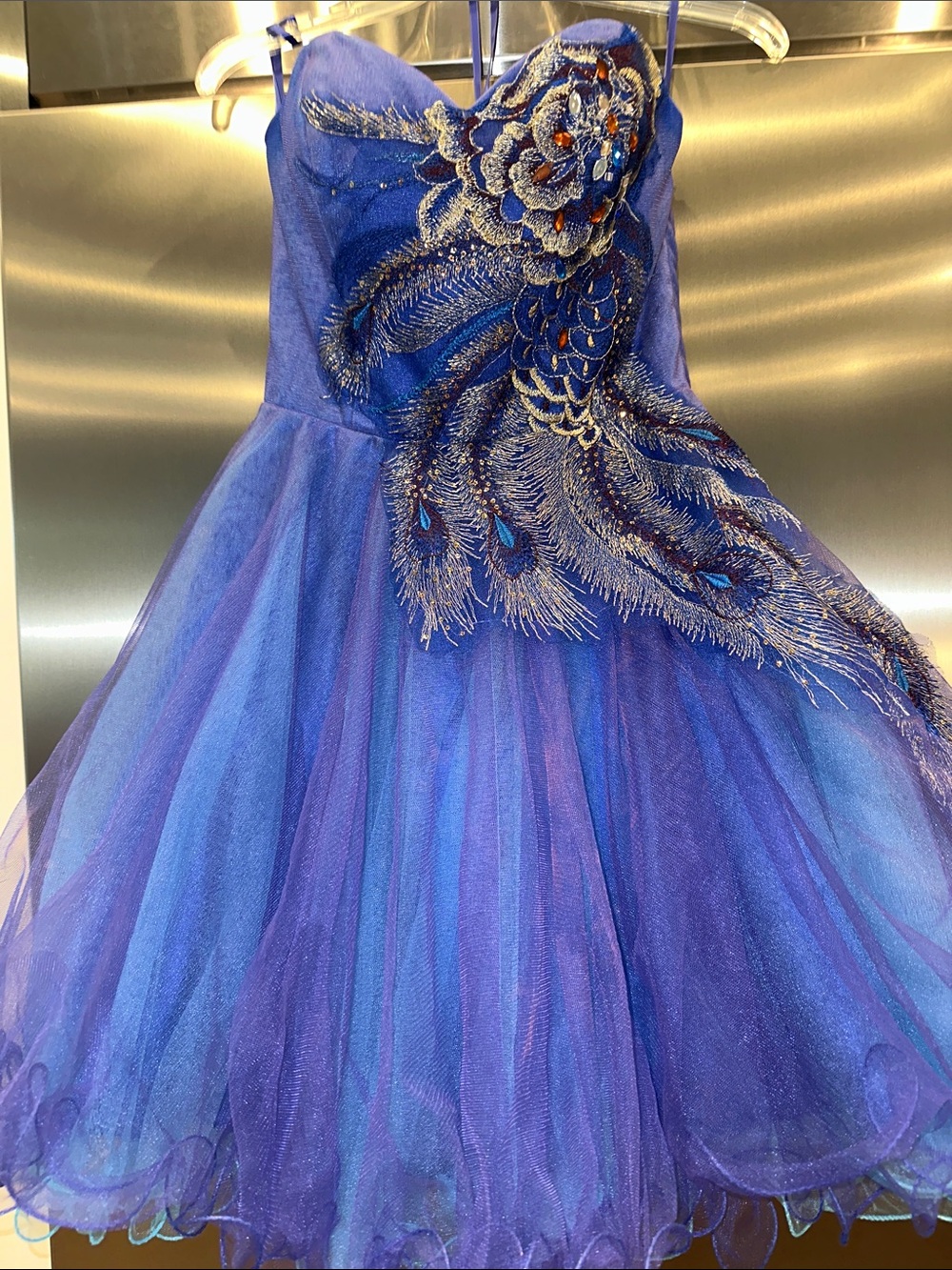 Gorgeous Strapless Blue and Purple Tulle Cocktail Dress with Peacock Beading